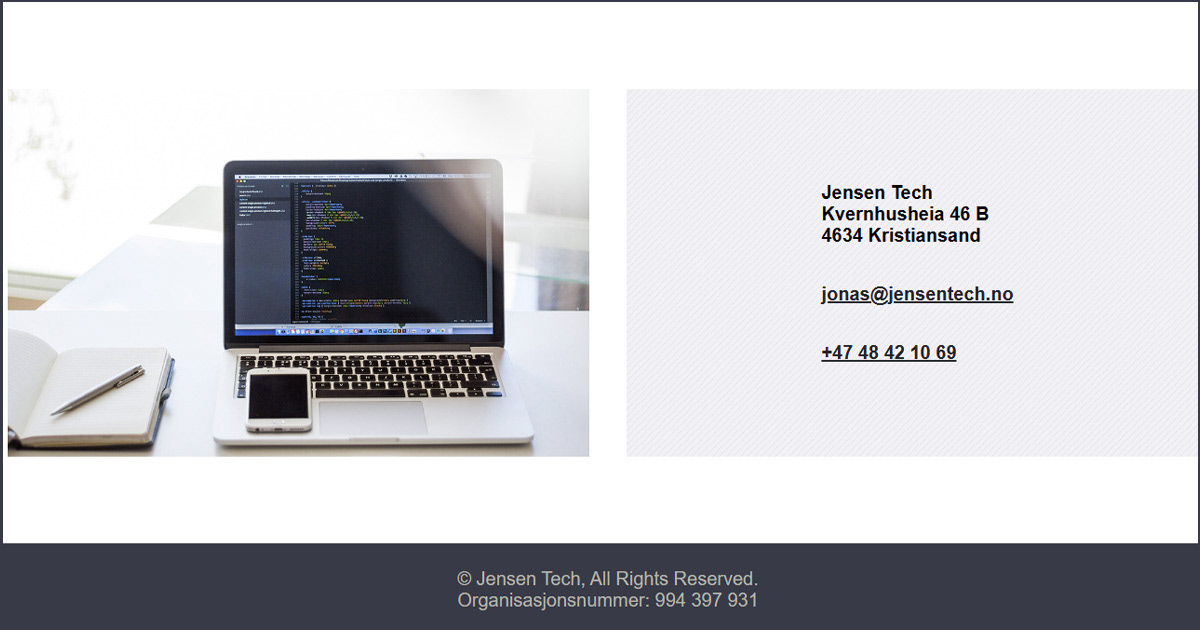 Jensen Tech contact card next to a laptop on a desk